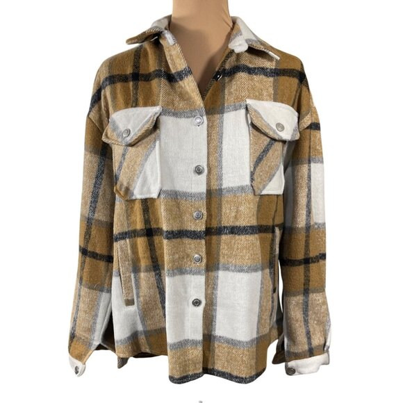 Shein Plaid Shacket Jacket Brown Black Button Size L Large - Picture 1 of 7